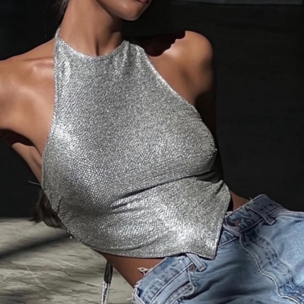 Local European Silver Asymmetrical Crop Top